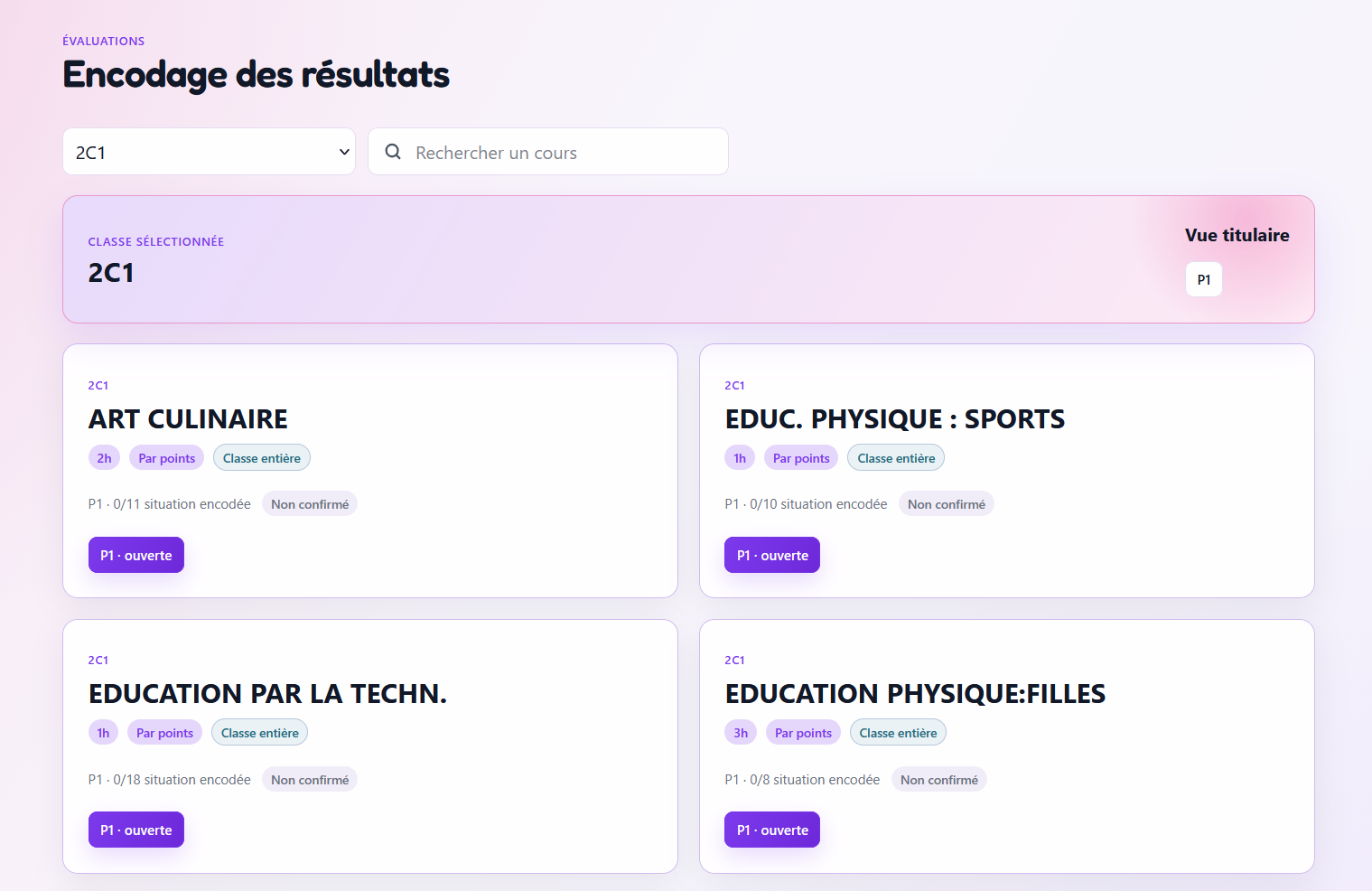 Capture de la sélection des cours à encoder dans Eduryo